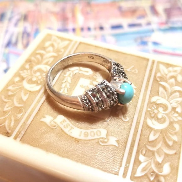 VTG Sleeping Beauty Turquoise Marcasite Sterling Silver Ring - Picture 5 of 6